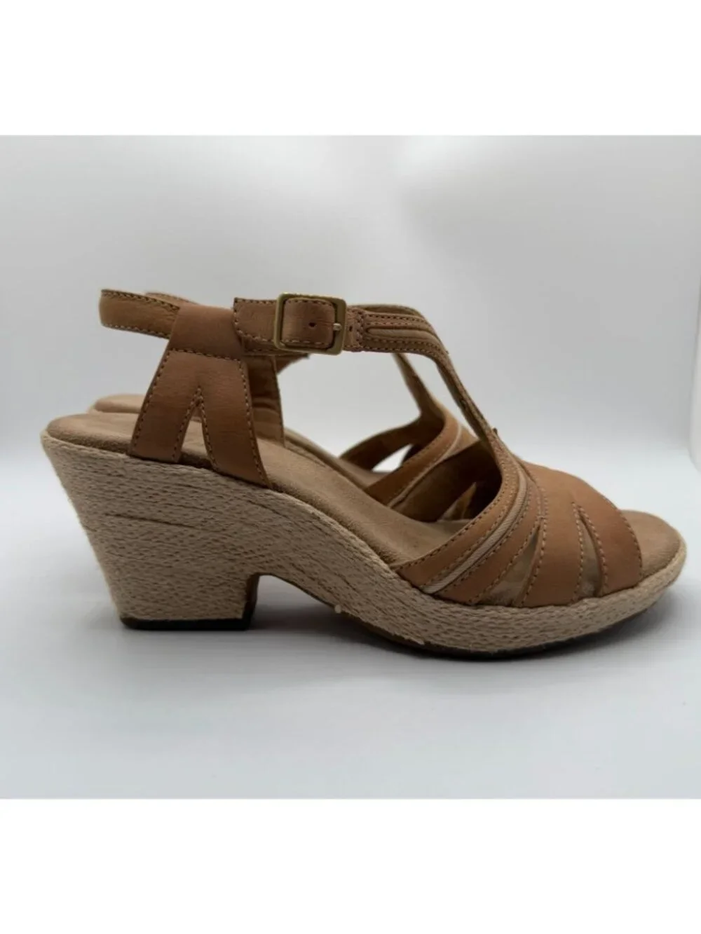 Clarks Rose Limo Wedge Sandals Women Size 7.5M Brown Beige Low Heel Shoes